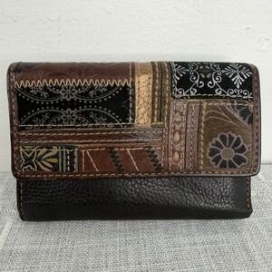 Fossil Wallet Brown Black Leather Tri Fold Y2K Boho Patchwork